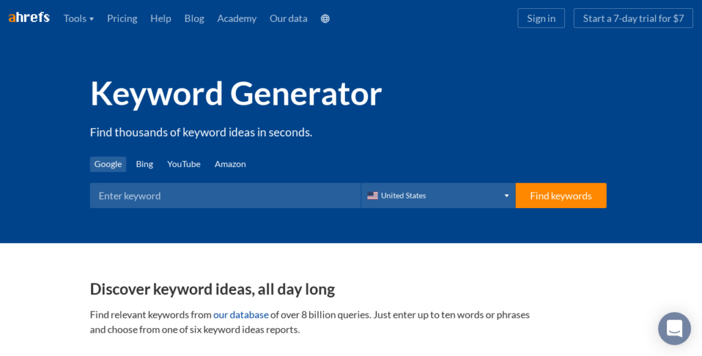 Ahrefs' Keyword Generator Screenshot